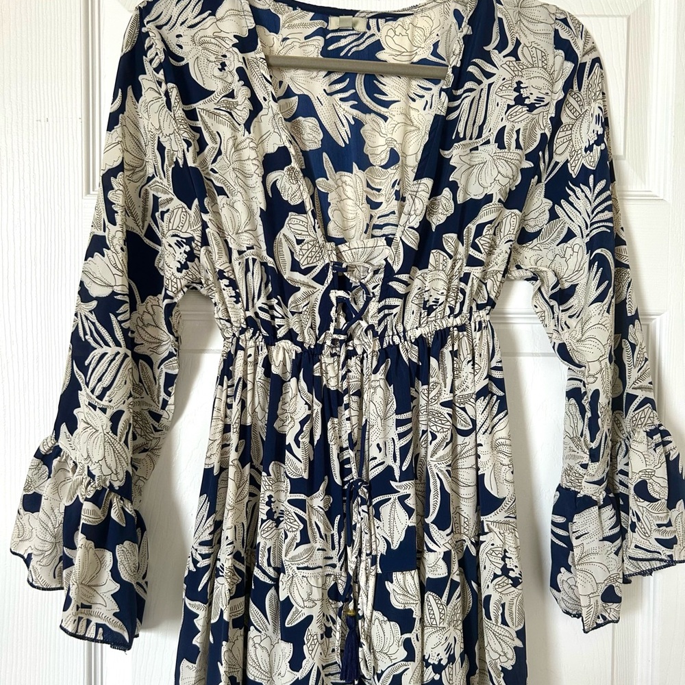 Floral Long Sleeve Dress - Navy and Cream